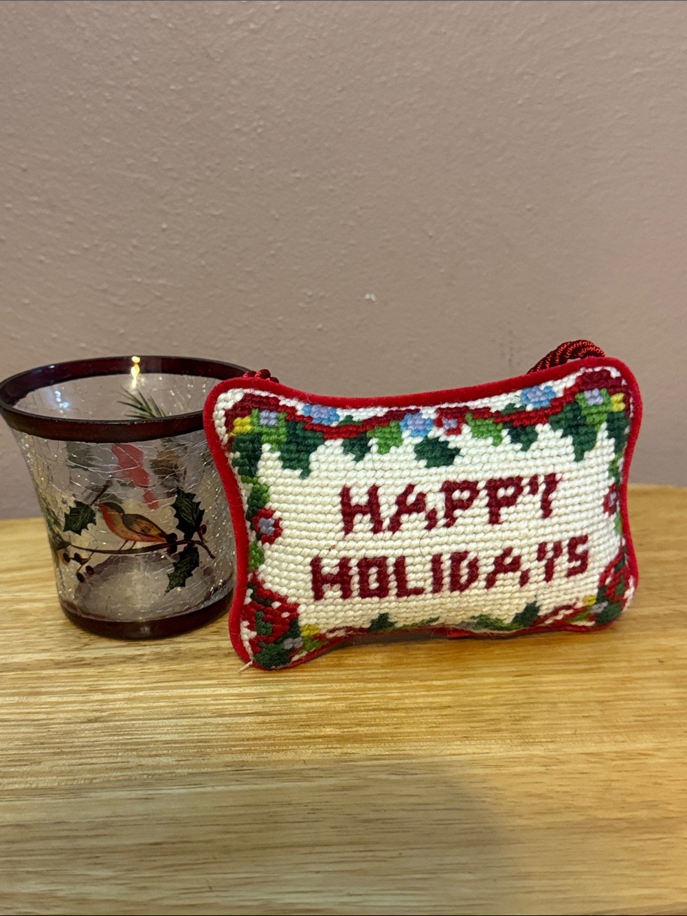 Cozy Christmas Decor Set - Holiday Bird Votive Holder & Cross Stitch Ornament